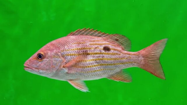 Fish Video of one Lane snapper are swimming on the green screen background