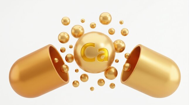 Golden calcium supplement capsule floating with mineral spheres for health