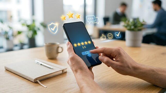 Person hand touching screen to submit five star rating on mobile phone at modern office desk.