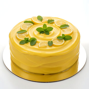 Eye-level view of a large round cake with a flat top, completely covered in a thick, velvety lemon-yellow curd glaze, creating a smooth pool of glaze on top with elegant overlapping folds, decorated w