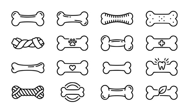 Dog Bone Treat and Chew Toy Outline Icons Collection Isolated on White Background Vector Set