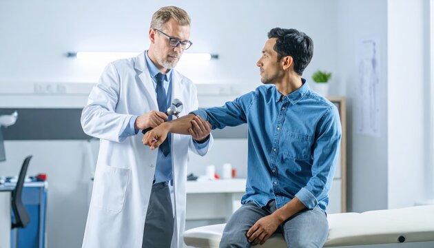 Doctor examining a patient's reflexes with a reflex hammer during a medical checkup in a clinic.