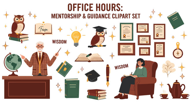 Mentorship clipart collection featuring a professor student owls books globe diplomas and a tea service set