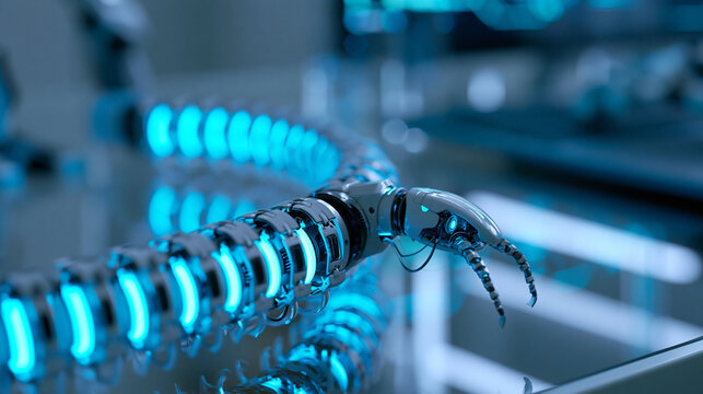 Ultra close-up view of cybernetic snake robot in futuristic laboratory with neon blue lighting, advanced robotics concept, technology photography, blurred neon background, with