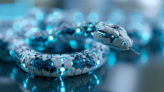 Ultra close-up view of cybernetic snake robot in futuristic laboratory with neon blue lighting, advanced robotics concept, technology photography, blurred neon background, with