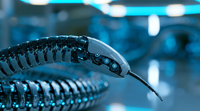 Ultra close-up view of cybernetic snake robot in futuristic laboratory with neon blue lighting, advanced robotics concept, technology photography, blurred neon background, with