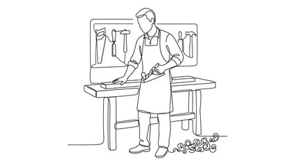 Fototapeta premium Continuous line drawing of a carpenter working with a hand plane at a workbench