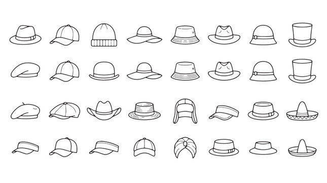 Vector hat icons, hat line art, 25 hat illustrations, black and white hats