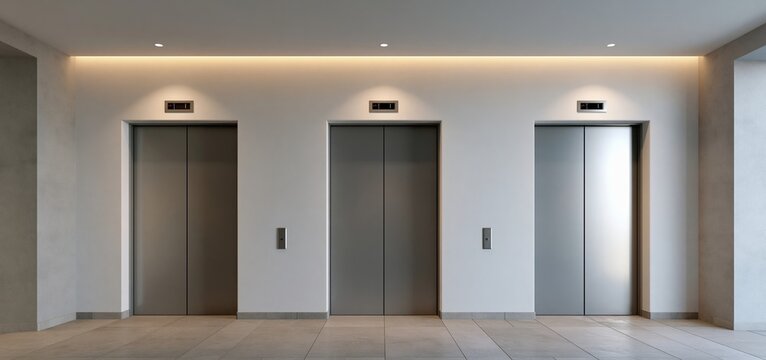 Inside a contemporary residential building, a minimalist elevator lobby features closed doors, soft lighting, and neutral decor.