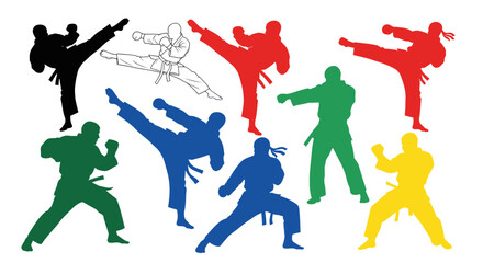 Colorful karate silhouettes performing various action kicks and poses © wowok