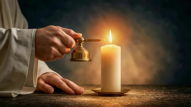 Altar server lighting a tall beeswax candle on the altar