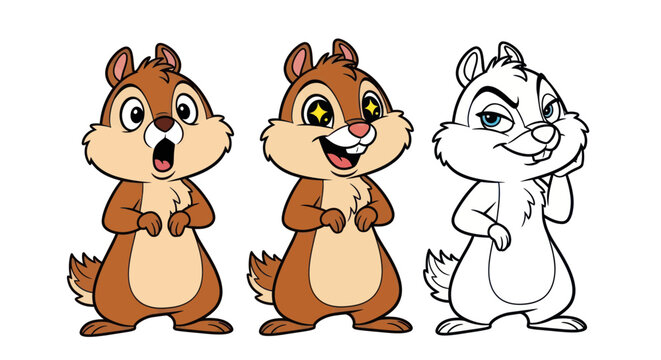 Three cute chipmunk characters with different facial expressions