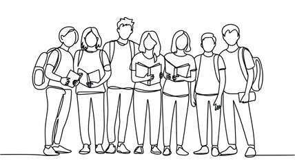 Obraz premium Continuous line drawing of diverse group of students standing together holding books and backpacks on isolated white background vector