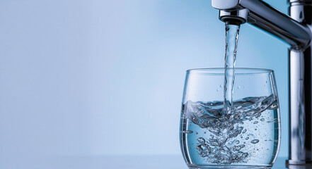 Fresh clean water pouring from a shiny chrome kitchen faucet into a clear glass, creating refreshing bubbles and ripples, studio shot.