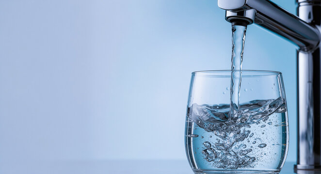 Fresh clean water pouring from a shiny chrome kitchen faucet into a clear glass, creating refreshing bubbles and ripples, studio shot.