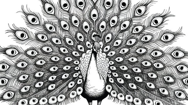 Detailed monochrome hand drawn peacock vector illustration with fully opened feathers showcasing eye patterns on an isolated white background