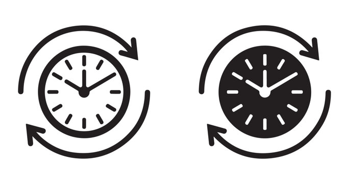 Clock icon showing refresh cycle symbol with circular arrow line art and solid version for web design usage.
