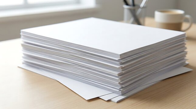Stack of white paper sheets on a wooden surface