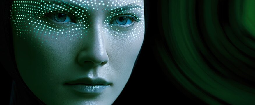 Glowing cybernetic patterns and sleek android elements create a dynamic futuristic technology concept for innovation branding.