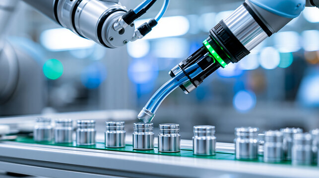 Robotic arm pneumatic tube assembly in automated smart factory close-up of industrial robot gripper manipulating hoses for high-precision manufacturing, automation engineering