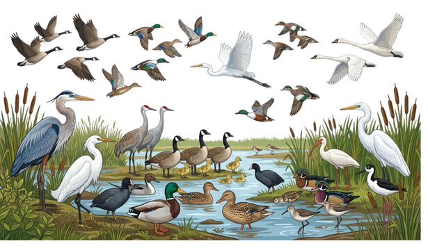 wetland, birds, wildlife, marsh, water, shore, flock, flying, wading, resting, lake, pond, reeds, habitat, avian, feather, migration, nature, ecology, animal, vector, illustration, flat, isolated, col