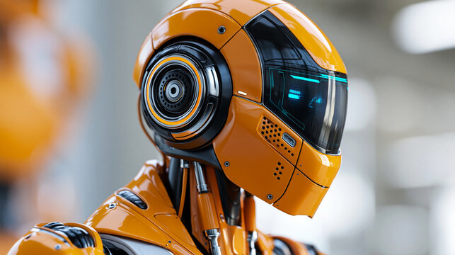 Close-up of orange humanoid robot face panel with digital display screen representing advanced AI industrial technology, smart manufacturing concept, robotics photography, blurred