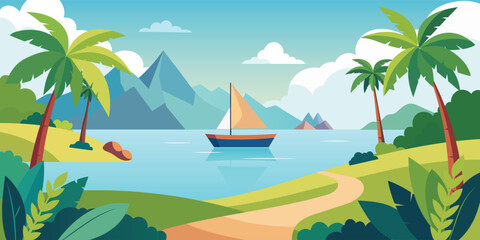 Obraz premium landscape of island flat cartoon minimal illustration