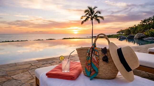 Relaxing sunset view by an infinity pool with a drink and sun hat