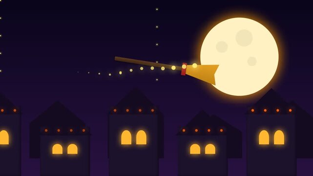 Animated Witch Flying on Broomstick Across Full Moon Night Sky.