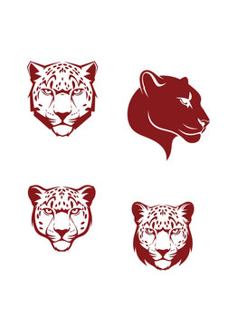 Four distinct red tiger and leopard head illustrations.