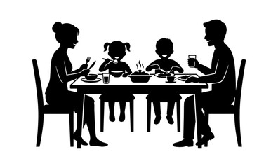 Fototapeta premium Happy family with father mother and two children sitting at the dining table eating dinner together in silhouette isolated on transparent background, Vector