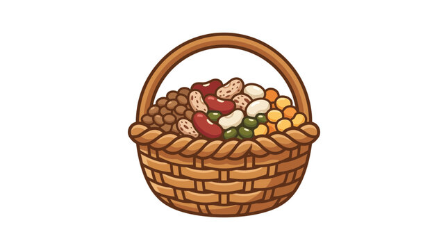 Woven basket overflowing with assorted dried beans, lentils, peas, and chickpeas.