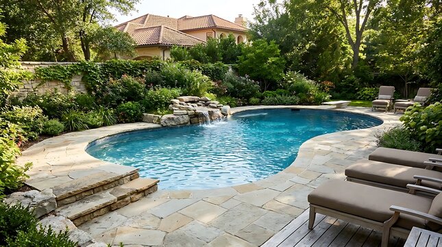 Serene backyard swimming pool with cascading waterfall and stone patio