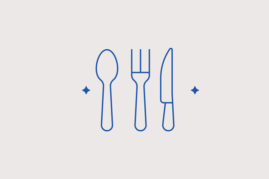 Classic metal spoon fork and knife cutlery line icon for restaurant website. Elegant vector illustration for catering service, dinner menu, kitchenware store.