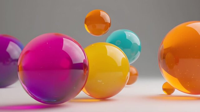 Glossy colorful translucent 3D spheres floating against a minimal white background