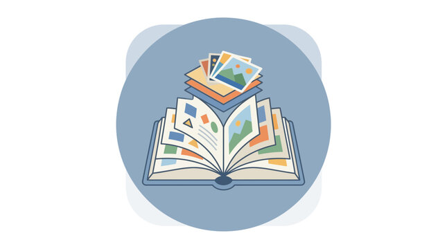 Open book with photos and illustrations, concept of memories, stories, and knowledge sharing