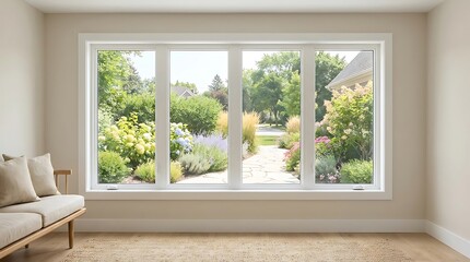 Fototapeta premium Bright modern room with large window overlooking lush garden pathway