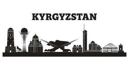 Obraz premium Kyrgyzstan cityscape with airplane flying over buildings and monuments.