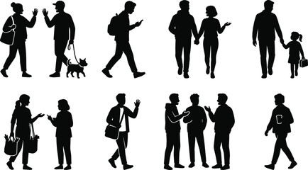 Daily life silhouettes, social interaction vector, lifestyle icons, communication outline illustration, walking and greeting silhouettes, everyday activity art © Mahmudul
