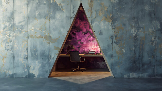 Artistic Creative Workspace Behind Triangular Wall Opening with Purple Light