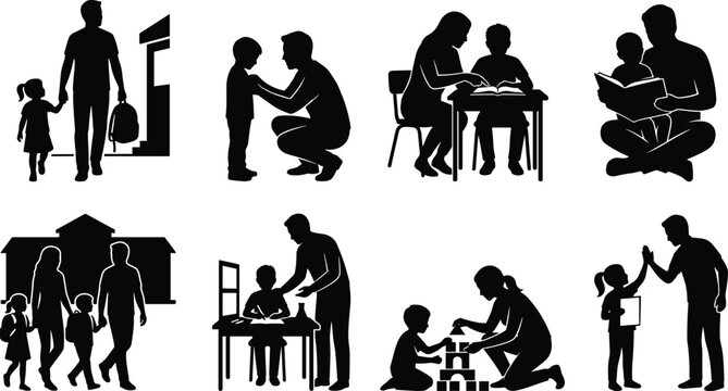 Parent child silhouettes, education activity vector, school icons, learning guidance illustration, family support outline, childhood development silhouettes art