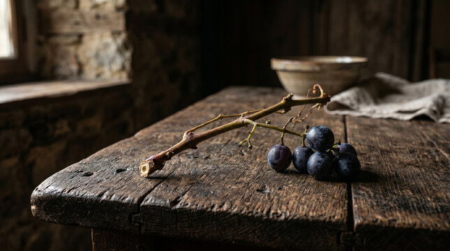 Freshly cut grape stem with few organic grapes on rustic wooden table