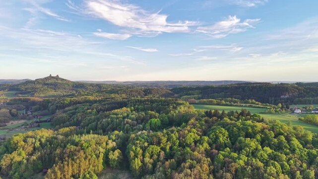 Aerial spring forest overlooking hilltop castle, lush green canopy, rolling fields, scattered farmhouses,