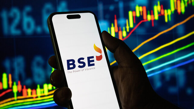 Close up of smartphone screen showing bse the power of vibrance logo with market statistics.