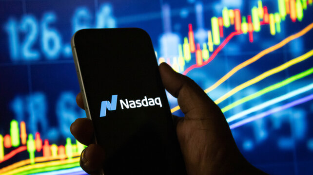 Digital nasdaq logo displayed on phone screen with financial market performance background.