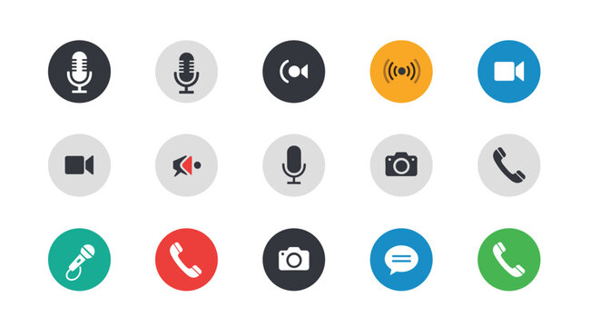 Collection of diverse flat communication icons for microphone camera sound and call buttons in colorful circles.