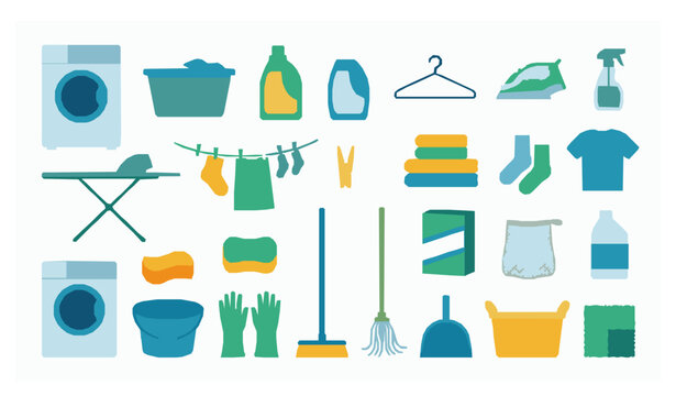 Flat household and laundry accessories vector icon bundle