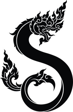 Letter S Naga silhouette, Thai traditional dragon pattern art, serpent alphabet initial font symbol isolated on white background