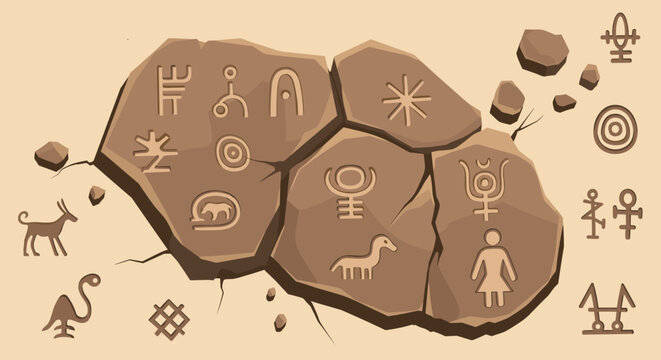 Ancient stone tablet cracked into pieces with prehistoric rock carvings, cave paintings, hieroglyphs, and animal symbols.