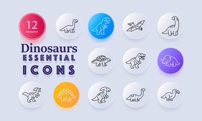 Dinosaurs set icon. Sauropod, tyrannosaur, flying pterosaur, armored ankylosaur, roaring predator, horned ceratopsian, plated stegosaur, nesting hatchling, duckbilled herbivore. © Кирилл Макаров